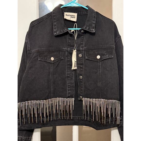 Savanna Jane rhinestone fringe crop front denim jacket black medium western NWT - Picture 2 of 12